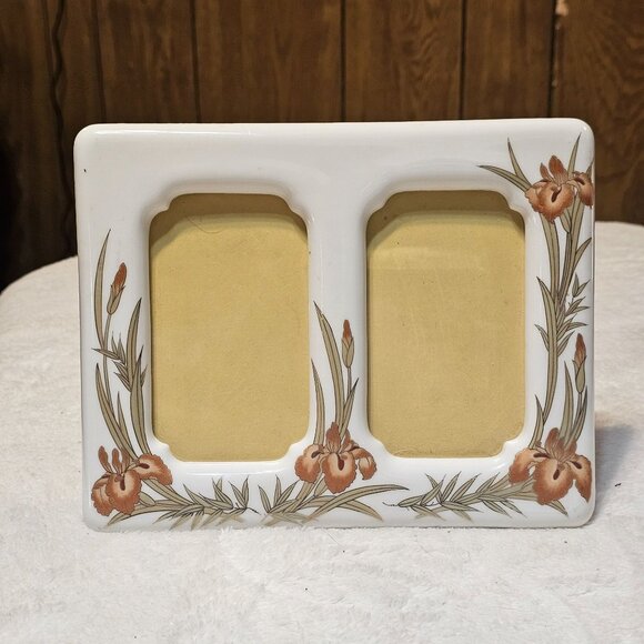 Vtg Picture Frame Porcelain Orchid Orange Floral Metallic Copper Accents Japan - Picture 7 of 10